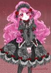  1girl bangs black_dress blush cure_grace dress earrings flower flower_earrings frilled_dress frills gothic gothic_lolita hair_flower hair_ornament hairband hanadera_nodoka healin&#039;_good_precure jewelry lolita_fashion lolita_hairband long_hair long_sleeves magical_girl meme_onnanoko open_mouth pink_eyes pink_hair precure red_eyes red_flower red_rose rose solo very_long_hair 