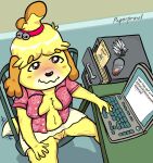  animal_crossing ankha_(animal_crossing) anthro artist_name blonde_hair blush bodily_fluids bottomwear breasts cabinet canid canine canis chair clothed clothing computer dog_ears domestic_dog embarrassed exhibitionism eyebrow_through_hair eyebrows female floral_print fur furniture genital_fluids genitals glass hair high-angle_view humor isabelle_(animal_crossing) laptop looking_at_viewer mammal navel nintendo no_underwear on_chair open_clothing open_shirt open_topwear paper paperprowl pink_clothing pink_shirt pink_topwear pubes pussy pussy_juice raised_bottomwear raised_clothing raised_skirt shih_tzu shirt sitting sitting_on_chair skirt smile smiling_at_viewer solo table tail_motion tailwag text topwear toy_dog translucent translucent_hair typing unbuttoned_shirt video_games yellow_body yellow_fur 