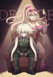  1boy 1girl :d armchair bangs bare_shoulders breasts brown_gloves brown_jacket chair collarbone cup danganronpa_(series) danganronpa_10th_anniversary_costume danganronpa_v3:_killing_harmony dress eyewear_on_head glass gloves hair_between_eyes hakusoto hand_up holding holding_cup iruma_miu jacket jacket_on_shoulders jewelry keebo large_breasts long_hair necklace official_alternate_costume ponytail red_dress shoes sitting smile sunglasses teeth upper_teeth_only 