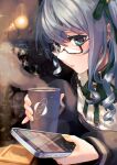  1girl blue_eyes blue_hair cafe cellphone coaster coffee coffee_cup commentary_request cup disposable_cup glasses hair_ribbon highres hololive hoshimachi_suisei lips long_sleeves nail_polish nattoushouyu3 phone restaurant ribbon side_ponytail smartphone solo star_(symbol) star_in_eye steam symbol_in_eye virtual_youtuber 
