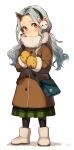  1girl ankle_boots artist_name badge bag black_socks blue_bag blue_hair blush boku_no_hero_academia boots bright_pupils brown_coat bunny_headphones button_badge buttons closed_mouth coat commentary_request eri_(boku_no_hero_academia) female_child full_body fur-trimmed_coat fur-trimmed_sleeves fur_collar fur_trim green_skirt grey_footwear hair_tie head_tilt headphones highres holding_strap horns light_blue_hair light_frown long_hair long_sleeves looking_at_viewer low_twintails mittens nose_blush parted_hair plaid plaid_skirt pocket red_eyes satchel shoulder_bag sidelocks sideways_glance simple_background single_horn skirt socks solo standing twintails wavy_hair white_background white_pupils winter_clothes winter_coat yellow_mittens yukibi_(ykb) 