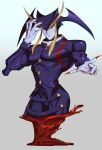  1boy blood colored_skin fingernails hand_in_own_hair highres jedah_dohma long_fingernails monster muscular muscular_male pointing pointy_ears purple_skin red_eyes rozavamp vampire vampire_(game) 