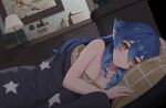  1girl areola_slip bangs blanket blue_hair blush book book_stack bottle breasts brown_eyes cleavage closed_mouth commentary covering desk drawer drill_locks dutch_angle egert genshin_impact hair_between_eyes hair_flaps head_on_pillow highres indoors lamp large_breasts layla_(genshin_impact) long_hair looking_at_viewer lumine_(genshin_impact) lying nude nude_cover on_side picture_frame pillow pointy_ears portrait_(object) sidelocks smile solo star_(symbol) star_print 
