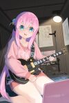  1girl bangs blue_eyes bocchi_the_rock! gotou_hitori guitar hair_between_eyes headphones highres holding holding_instrument indoors instrument long_hair looking_at_viewer no_pants open_mouth pink_hair pink_sweater screen sitting smile solo suasuri sweater thighs very_long_hair wariza 
