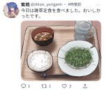  1girl bangs blue_bow blue_eyes blue_hair blush bow bowl brown_hoodie chopsticks closed_mouth cup fake_screenshot food food_focus hair_between_eyes hair_bow herb hood hoodie long_hair miso_soup plate rice rice_bowl siw0n smile solo soup touhou translation_request tray twitter yorigami_shion 