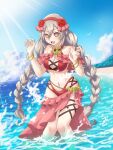  1girl :d bangle beach bikini bracelet braid breasts cleavage day feet_out_of_frame flower grey_hair hair_flower hair_ornament hairband heart heart-shaped_pupils highres jewelry joestine22 knees_together_feet_apart large_breasts long_hair ludmila_(rune_factory) navel outdoors pointy_ears purple_eyes red_bikini red_hairband rune_factory rune_factory_5 smile solo sun swimsuit symbol-shaped_pupils twin_braids very_long_hair water 