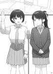  +++ 2girls :d :o arm_up bangs blush bow breasts cardigan collared_shirt commentary_request dress_shirt greyscale hair_bow highres long_hair long_sleeves medium_breasts microphone microphone_stand mole mole_under_eye monochrome multiple_girls necktie original own_hands_together parted_lips people pleated_skirt ponytail shirt short_hair skirt sleeves_past_wrists smile standing takenoko_no_you v-shaped_eyebrows 