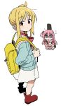  ahoge backpack bag bangs blonde_hair blue_eyes bocchi_the_rock! boots bow brown_footwear closed_mouth collared_shirt cube_hair_ornament gigbag gotou_hitori hair_between_eyes hair_ornament hair_over_eyes ijichi_nijika instrument_case jacket long_hair looking_at_viewer looking_to_the_side one_side_up open_mouth pink_hair pink_jacket pink_track_suit shaded_face shirt shisoneri simple_background skirt track_jacket white_background white_shirt 