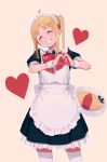  1girl ahoge apron back_bow bangs black_dress blonde_hair bocchi_the_rock! bow bowtie closed_eyes closed_mouth collared_dress commentary_request dress food frills grey_bow hair_between_eyes heart heart_hands ijichi_nijika kazu_no_reason long_hair maid maid_headdress orange_background plate ponytail puffy_short_sleeves puffy_sleeves red_bow red_bowtie short_sleeves side_ponytail sidelocks simple_background smile solo standing teeth thighhighs white_apron white_thighhighs 