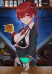  1girl absurdres alcohol antique_firearm bar_(place) between_breasts bikini black_bikini black_shirt bottle breasts cocktail_glass coin collared_shirt counter cup dokuro-kun_(houshou_marine) drinking_glass firelock flintlock glint gold_coin grin gun heterochromia highres holding holding_cup hololive houshou_marine large_breasts liquor long_sleeves necktie necktie_between_breasts open_clothes open_shirt orange_eyes red_eyes red_hair red_necktie rushian shirt skull_cup smile solo swimsuit treasure_chest twintails virtual_youtuber weapon 