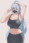  1girl absurdres ak-12_(girls&#039;_frontline) arm_up armpits bangs bare_arms bare_shoulders black_pants breasts cleavage commentary cowboy_shot crop_top girls&#039;_frontline grey_background grey_hair hair_between_eyes hand_up highres large_breasts leggings long_hair looking_at_viewer mask midriff mouth_mask navel pants ponytail purple_eyes simple_background solo sports_bra standing stomach very_long_hair xperiajoker 