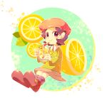  1girl adeleine beret black_eyes black_hair drink food fruit green_shirt grey_skirt hat kirby_(series) kirby_64 lemon lemon_slice looking_at_viewer red_headwear shirt shirushiki skirt smile smock 