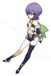 1girl asymmetrical_clothes belt breasts elbow_gloves full_body gloria_(saga) gloves hcsb highres knife large_breasts loincloth looking_at_viewer navel pointy_ears purple_hair red_eyes saga saga_3 short_hair simple_background skindentation solo thighhighs white_background 