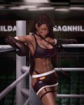  1girl abs absurdres armpits bandaged_arm bandages black_choker black_tank_top boxing_gloves boxing_ring breast_tattoo breasts brown_hair choker cleavage closed_mouth commentary crop_top dark-skinned_female dark_skin elbow_gloves facial_mark feet_out_of_frame fieryonion garter_straps girls&#039;_frontline gloves hair_over_one_eye highres hip_vent indoors large_breasts lips long_hair looking_at_viewer magnhilda_(girls&#039;_frontline_nc) muscular muscular_female navel one_eye_covered solo tank_top tattoo thigh_strap very_long_hair water_drop wet yellow_eyes 