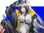  animal animal_ears arknights bangs between_breasts bird bird_on_leg black_jacket black_pants blue_theme breast_strap breasts eugle_na goggles goggles_on_head grey_hair grey_sweater hair_between_eyes highres holding holding_goggles jacket large_breasts looking_at_viewer open_clothes open_jacket pants ponytail schwarz_(arknights) sidelocks ski_goggles strap sweater turtleneck turtleneck_sweater unfinished yellow_eyes 