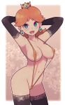  blue_eyes breasts commentary covered_nipples crown earrings elbow_gloves flower_earrings gloves highres jewelry lace-trimmed_gloves lace-trimmed_legwear lace_trim lamb-oic029 large_breasts looking_at_viewer mario_(series) open_mouth orange_hair princess_daisy pubic_hair slingshot_swimsuit smile swimsuit thighhighs 