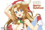  1girl 2021 animal_collar animal_ears bangs bell black_collar blue_eyes breasts brown_hair christmas collar dress english_text hand_on_own_head hat holding holding_sack holly horns kimura_shigetaka large_breasts long_hair looking_at_viewer merry_christmas neck_bell open_mouth original over_shoulder red_headwear sack santa_dress santa_hat sketch smile solo watermark web_address white_background 