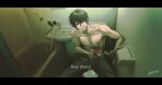  1boy bandages bangs bathroom bathtub black_eyes black_hair black_pants blood blood_on_bandages chainsaw_man english_commentary english_text gajyago hair_between_eyes highres indoors letterboxed looking_at_viewer male_focus mole mole_under_mouth open_mouth pants sink sitting solo toned toned_male topless_male twitter_username yoshida_hirofumi 