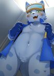  2022 alternate_version_at_source anthro bedroom_eyes bemani blue_body blue_clothing blue_fur blue_gloves blue_handwear blush bodily_fluids bottomless chest_tuft clothed clothing crotch_tuft cute_fangs eyewear eyewear_on_head featureless_crotch felid front_view fur gloves goggles goggles_on_head green_eyes handwear hi_res hitsuzi_taro11 inside konami looking_at_viewer looking_down low-angle_view male mammal midriff narrowed_eyes navel ollie_(pop&#039;n_music) open_mouth open_smile pantherine partially_clothed pop&#039;n_music portrait seductive smile snow_leopard solo spots spotted_body standing sweat sweatdrop three-quarter_portrait tongue tuft video_games 