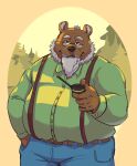  2022 absurd_res anthro bear beard belly big_belly bottomwear brown_body clothing eyewear facial_hair glasses hi_res humanoid_hands male mammal mature_male overweight overweight_male pants shirt smollsaid solo suspenders topwear 