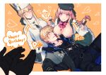  1boy 2girls ayla_(punishing:_gray_raven) between_breasts bianca_(punishing:_gray_raven) blonde_hair blush bow bowtie braid braided_ponytail breasts face_between_breasts happy_birthday hat head_between_breasts jewelry lap_pillow large_breasts lee_(punishing:_gray_raven) long_hair multiple_girls necklace orange_background pink_eyes pink_hair pout punishing:_gray_raven sachiko_y short_hair sidelocks simple_background 
