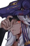  1boy animal_hat bangs black_choker blood blood_on_face choker cuts cyno_(genshin_impact) dark-skinned_male dark_skin dated egyptian_clothes genshin_impact hat injury long_hair looking_at_viewer male_focus purple_headwear red_eyes signature simple_background solo tuanzimiao1 upper_body white_background white_hair 