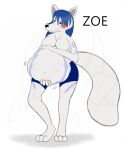  3_toes abdominal_bulge blue_hair blush breasts canid canine clothed clothing dezzykitsune featureless_breasts feet female fox fur fur_markings hair hand_imprint hand_on_stomach imprint mammal markings navel oral_vore solo toes topless topless_female vore white_body white_fur zoe_(cakeinferno) 