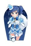  1girl aikatsu! aikatsu!_(series) bangs bell blue_bow blue_capelet blue_eyes blue_footwear blue_hair blue_headwear blue_santa_costume blue_shirt boots bow capelet christmas climbing closed_mouth commentary elbow_gloves finger_to_mouth fur-trimmed_capelet fur-trimmed_shirt fur_trim gloves hat holding holding_sack index_finger_raised kiriya_aoi knee_up looking_at_viewer medium_hair mini_hat mini_santa_hat miniskirt neck_bell night night_sky onbin_ha over_shoulder pleated_skirt sack santa_costume santa_hat shirt shushing side_ponytail skirt sky smile snowflake_print solo standing thighhighs tilted_headwear white_gloves white_skirt white_thighhighs 