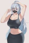  1girl absurdres ak-12_(girls&#039;_frontline) arm_up armpits bangs bare_arms bare_shoulders black_pants breasts cleavage commentary cowboy_shot crop_top girls&#039;_frontline grey_background grey_hair hair_between_eyes hand_up highres large_breasts leggings long_hair looking_at_viewer mask midriff mouth_mask navel pants ponytail purple_eyes revision simple_background solo sports_bra standing stomach very_long_hair xperiajoker 
