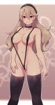  1girl black_thighhighs breasts brown_hair corrin_(fire_emblem) corrin_(fire_emblem)_(female) covered_nipples female_pubic_hair fire_emblem fire_emblem_fates hairband highres jewelry lamb-oic029 large_areolae long_hair necklace pubic_hair red_eyes slingshot_swimsuit swimsuit thighhighs 