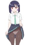  1girl ass_visible_through_thighs bangs black_pantyhose blue_hair blue_skirt blunt_ends blush bob_cut closed_mouth clothes_lift commentary cowboy_shot crotch_seam do_it_yourself!! dress_shirt frown green_necktie iya_na_kao_sare_nagara_opantsu_misete_moraitai lifted_by_self little_colors looking_at_viewer medium_skirt necktie panties panties_under_pantyhose pantyhose pleated_skirt red_eyes school_uniform shirt short_hair short_sleeves simple_background skirt skirt_lift solo standing suride_miku underwear white_background white_shirt wing_collar 