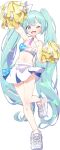  1girl absurdres alternate_costume aqua_eyes aqua_hair armpits blue_archive blush cheering cheerleader cosplay crop_top full_body fuusen_neko hatsune_miku hibiki_(blue_archive) hibiki_(blue_archive)_(cosplay) hibiki_(cheerleader)_(blue_archive) highres holding holding_pom_poms long_hair looking_at_viewer midriff navel one_eye_closed open_mouth pom_pom_(cheerleading) shoes simple_background skirt smile sneakers solo standing standing_on_one_leg stomach stomach_day twintails very_long_hair vocaloid white_background white_skirt 