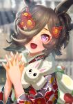  1girl :d alternate_hairstyle animal_ears black_hair blurry blurry_background commentary day depth_of_field floral_print flower fur_scarf furisode hair_flower hair_ornament hair_up hatsumoude highres horse_ears horse_girl interlocked_fingers japanese_clothes kimono long_sleeves looking_at_viewer open_mouth otono_(bkt4b) outdoors own_hands_together print_kimono purple_eyes red_flower red_kimono rice_shower_(umamusume) short_hair smile solo umamusume upper_body 
