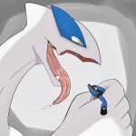  3_fingers 5_fingers ambiguous_gender anthro blue_body bodily_fluids crying duo extreme_size_difference fingers generation_2_pokemon generation_4_pokemon hi_res imminent_vore larger_pred legendary_pokemon lucario lugia nintendo open_mouth pokemon pokemon_(species) red_eyes saliva saliva_on_tongue saliva_string sekie simple_background size_difference smaller_prey tears tongue tongue_out unwilling_prey video_games white_background white_body yellow_eyes 