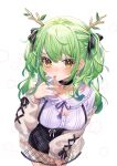  1girl absurdres blush branch breasts cardigan ceres_fauna choker cleavage collarbone finger_to_mouth green_hair highres hololive hololive_english horns large_breasts leaf looking_at_viewer looking_up nail_polish see-through skirt sweater tangdou0402 wavy_hair yellow_eyes 