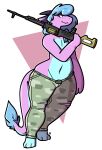  2019 anthro belly blue_body blue_eyes blue_fur blue_hair blue_tail clothing dogfluid dragon fur furred_dragon green_clothing gun hair hi_res holding_ranged_weapon horn leg_markings markings multicolored_body multicolored_fur navel paws pink_body pink_fur pink_tail purple_horn ranged_weapon smile socks_(marking) solo tail_markings tail_tuft thick_thighs tuft two_tone_body two_tone_fur two_tone_tail weapon 