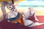  anthro beach big_breasts breasts butt_from_the_front cleavage clothed clothing ear_piercing ear_ring equid equine female hasbro hi_res huge_breasts mammal my_little_pony piercing ring_piercing seaside solo umbrella wolfmask zebra 