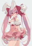  1girl animal_ears bangs blush bow breasts choker cleavage closed_mouth commentary di_gi_charat dice_hair_ornament dress grey_background hair_bow hair_ornament highres hiyo_moo large_breasts long_hair pink_dress pink_hair pink_ribbon rabbit_ears rabbit_tail red_bow red_eyes ribbon ribbon_choker simple_background solo tail twintails usada_hikaru very_long_hair 