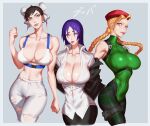  3girls absurdres antenna_hair aqua_eyes arms_behind_back bangs bare_arms bare_shoulders beret black_jacket black_pants blonde_hair bra braid breasts brown_hair cammy_white camouflage camouflage_legwear chun-li cleavage clenched_hand collarbone collared_shirt cowboy_shot fate/grand_order fate_(series) green_leotard grey_background hair_ribbon hat highleg highleg_leotard highres jacket jacket_partially_removed large_breasts leotard long_hair looking_at_viewer midriff minamoto_no_raikou_(fate) multiple_girls open_clothes open_shirt pants parted_bangs parted_lips purple_eyes purple_hair red_headwear ribbon shirt short_hair skin_tight smile street_fighter suit_jacket swept_bangs thigh_strap toned torn_clothes torn_pants translated turtleneck_leotard twin_braids underwear white_bra white_pants white_ribbon white_shirt zelus 