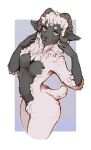  anthro black_body black_fur bovid breasts caprine curved_horn featureless_breasts female fur hi_res horn lausig looking_at_viewer mammal nude sheep short_tail solo standing white_body white_fur wool_(fur) 