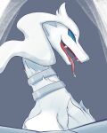  ambiguous_gender anthro blue_eyes bodily_fluids fangs generation_5_pokemon grey_background hi_res legendary_pokemon looking_at_viewer nintendo open_mouth pokemon pokemon_(species) reshiram saliva saliva_on_tongue saliva_string sekie simple_background solo tongue tongue_out video_games white_body 