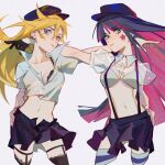  2girls bangs black_gloves black_skirt blonde_hair blue_eyes blue_hair blunt_bangs blush bra breasts cleavage closed_mouth collared_shirt colored_inner_hair gloves hat long_hair looking_at_viewer medium_breasts midriff miniskirt multicolored_hair multiple_girls navel panty_&amp;_stocking_with_garterbelt panty_(psg) partially_unbuttoned pink_hair pleated_skirt puffy_short_sleeves puffy_sleeves see-through see-through_shirt shirt short_sleeves siblings sisters skirt star_sticker sticker_on_face stocking_(psg) streaked_hair suspender_skirt suspenders thighhighs two-tone_hair underwear zaixia448 