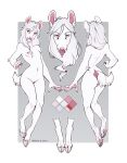  absurd_res anthro breasts butt cloven_hooves deer fangs female front_view fur genitals hair hi_res hooves lausig looking_at_viewer mammal model_sheet moschid multiple_angles nipples pussy rear_view red_eyes sabertooth_(anatomy) small_breasts solo tongue tongue_out white_body white_fur white_hair 