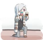  1girl alternate_costume aqua_eyes artist_name black_shirt brown_footwear cardigan chibi commentary_request contemporary expressionless food full_body genshin_impact grey_pants hair_over_one_eye highres holding_ice_cream ice_cream ice_cream_cone jacket kneeling long_hair outstretched_arms pants shenhe_(genshin_impact) shirt simple_background solo striped striped_jacket vertical-striped_jacket vertical_stripes white_hair xinzoruo 
