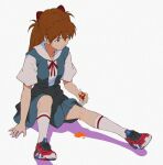  1girl breasts full_body hair_between_eyes highres juice_box neon_genesis_evangelion orange_background red_ribbon ribbon school_uniform shadow simple_background snickers solo souryuu_asuka_langley tesseract_(retr0_0o) tokyo-3_middle_school_uniform white_background 