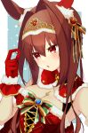  1girl animal_ears bangs between_breasts blush bow breasts brooch brown_hair christmas cleavage_cutout clothing_cutout commentary daiwa_scarlet_(scarlet_nuit_etoile)_(umamusume) daiwa_scarlet_(umamusume) dress ear_covers fang frown fur-trimmed_dress fur_armlet fur_trim gloves green_bow hair_down hair_intakes hair_ornament hand_in_own_hair highres horse_ears horse_girl illuminate_the_heart_(umamusume) jewelry large_breasts long_hair looking_away moya_44444 necklace official_alternate_costume open_mouth plaid plaid_dress red_dress red_eyes red_gloves single_ear_cover skin_fang solo tiara umamusume upper_body 