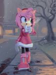 amy_rose boots cup hedgehog_girl holding holding_cup mobian non-web_source outdoors pink_fur scenery sidewalk snowing sonic_(series) walking winter_clothes 