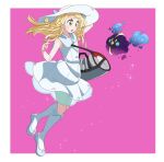  1girl bag blonde_hair boots border cosmog dress green_eyes hand_on_headwear hat ko_izumi_hida lillie_(pokemon) looking_at_another open_mouth poke_ball_theme pokemon pokemon_(creature) pokemon_(game) pokemon_sm sleeveless sleeveless_dress solid_oval_eyes sparkle sun_hat white_dress white_footwear white_headwear 