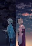  1girl ahoge arms_at_sides blonde_hair cloud fate/grand_order fate_(series) hakama hakama_pants hand_on_weapon haori highres japanese_clothes kimono light_smile looking_up lunapont multiple_views night night_sky obi okita_souji_(fate) outdoors pants pink_kimono ponytail sash short_hair sky standing star_(sky) starry_sky sword weapon white_kimono wide_sleeves yellow_eyes 