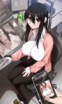  absurdres akchu bangs black_hair black_nails breasts button_gap cardigan cellphone_picture censored chair collarbone collared_shirt covered_nipples drawing_tablet glasses grey_eyes hair_between_eyes highres holding holding_phone large_breasts long_bangs long_hair looking_at_viewer novelty_censor office_chair office_lady one_breast_out original pantyhose parted_lips pencil_skirt phone pov shirt sitting skirt thighband_pantyhose white_shirt 